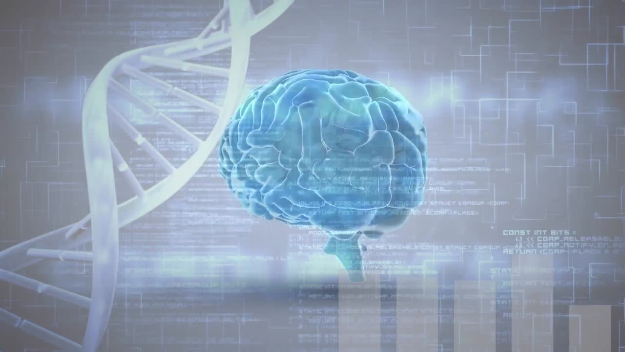 Digital brain and DNA helix with program codes