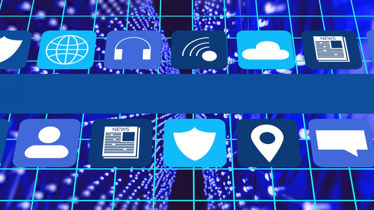 Animation of rows of media icons scrolling over grid and network of glowing blue lights