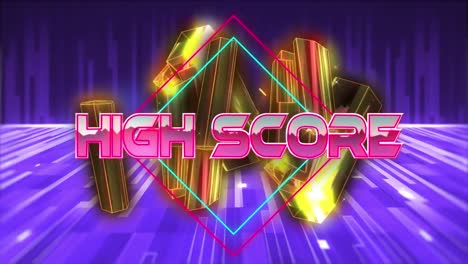 High-score-text-over-neon-banner-against-golden-crystals-and-light-trails-on-purple-background