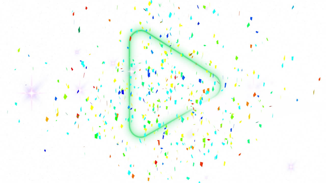 Play button surrounded by colorful confetti animation on white background