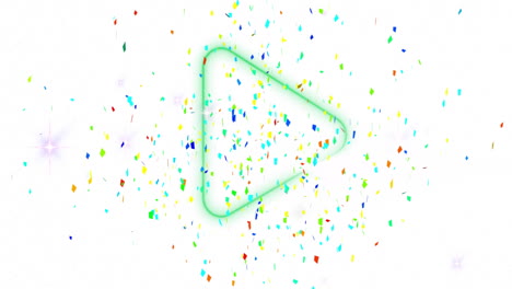 play button surrounded by colorful confetti animation on white background