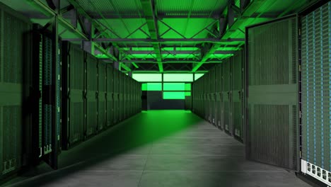 green flashing light in warehouse lined with data servers