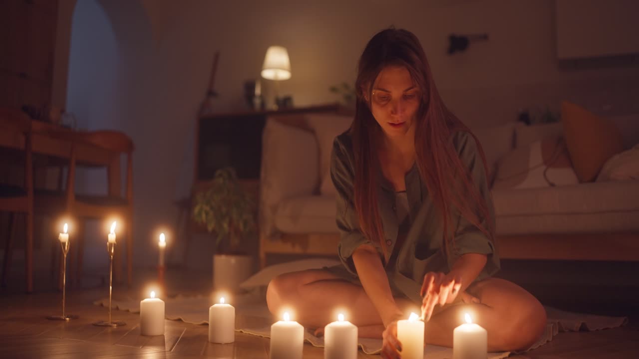 mujer encendiendo velas en casa