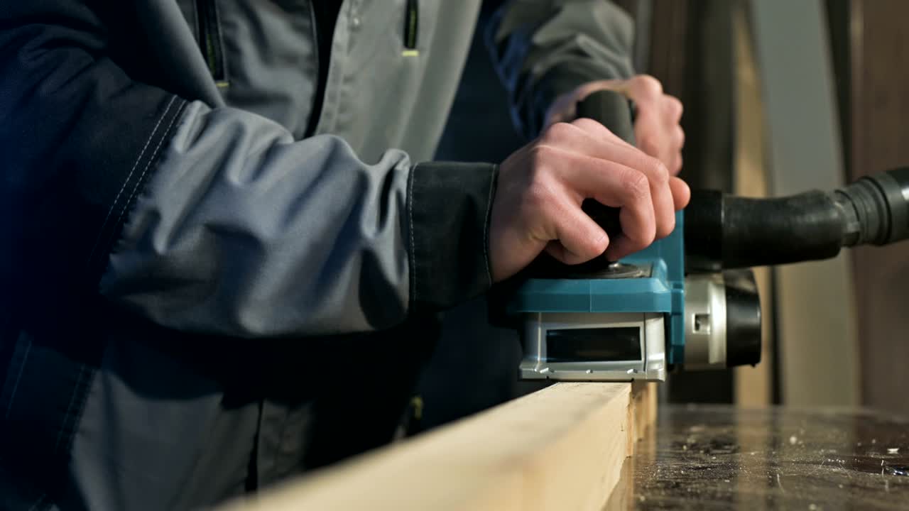 Close-up of a carpenter's hand working with an electric plane in a home workshop