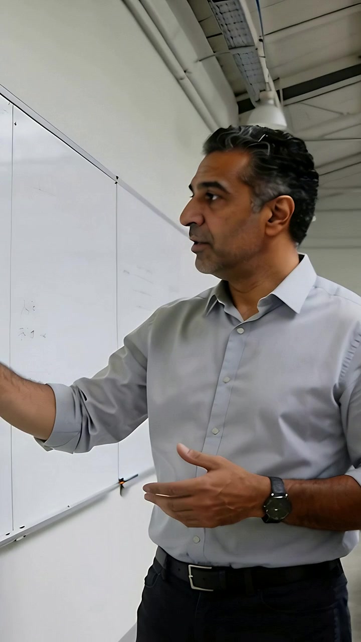 Video vertical: Hombre con camisa comenzando a hablar, señalando y escribiendo en una pizarra en un estudio, espacio para texto