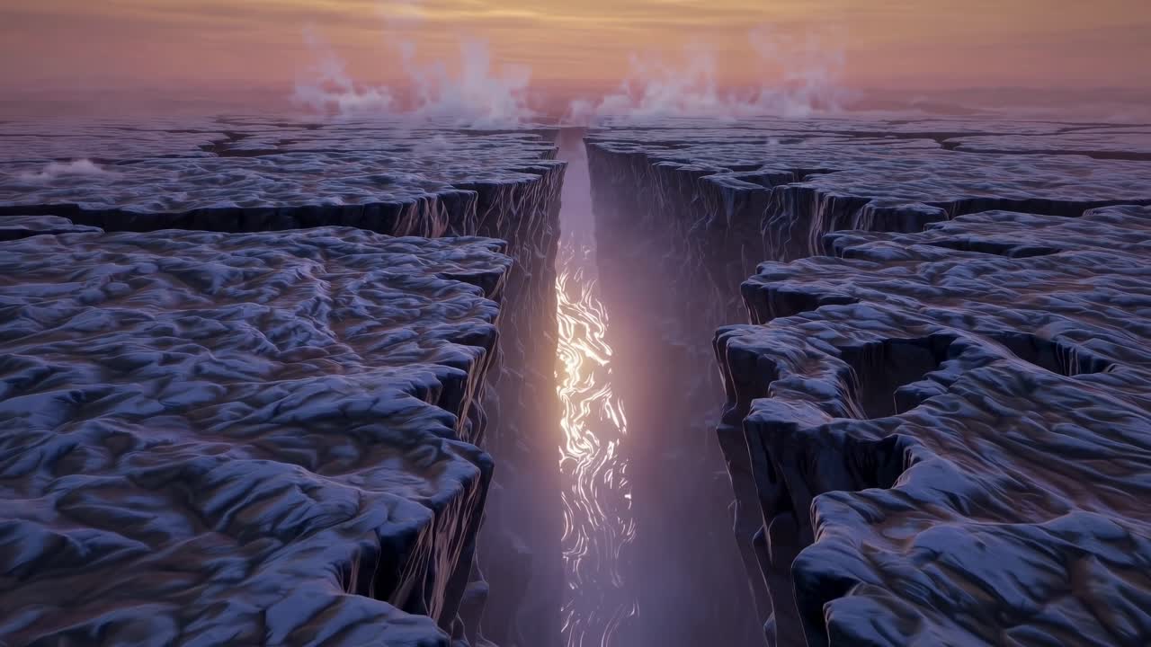 Light from the setting sun illuminates a deep chasm splitting a desolate, otherworldly landscape, with fog rising from the depths and adding to the mystical atmosphere