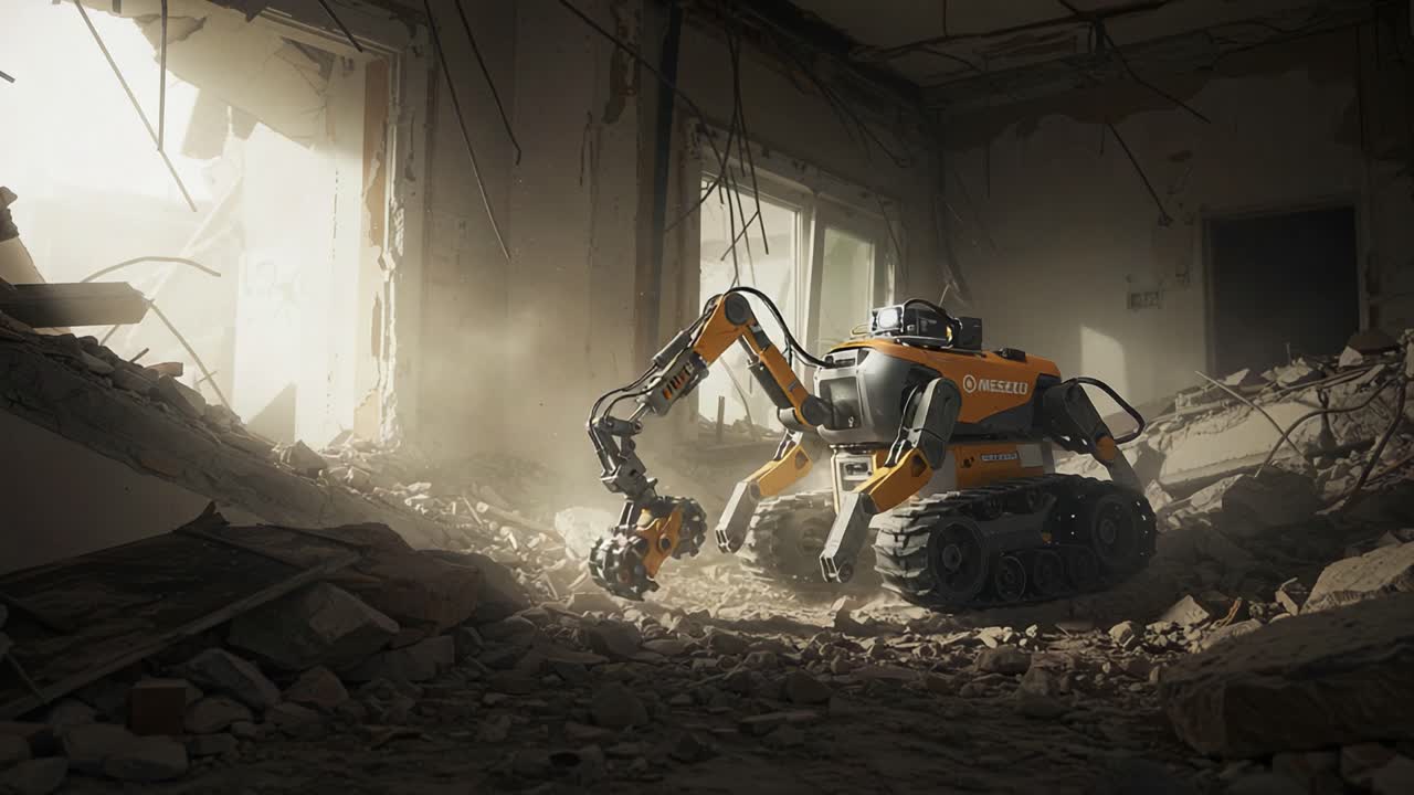 An Advanced Robotic Excavator Navigates Through Debris in a Post-Disaster Environment, Showcasing Its Unique Design and Functionality in Challenging Conditions