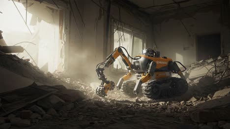 an advanced robotic excavator navigates through debris in a post-disaster environment, showcasing its unique design and functionality in challenging conditions