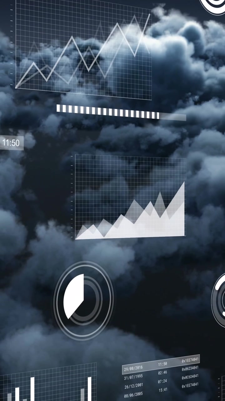 Animation of charts and data processing over grey cloudy sky