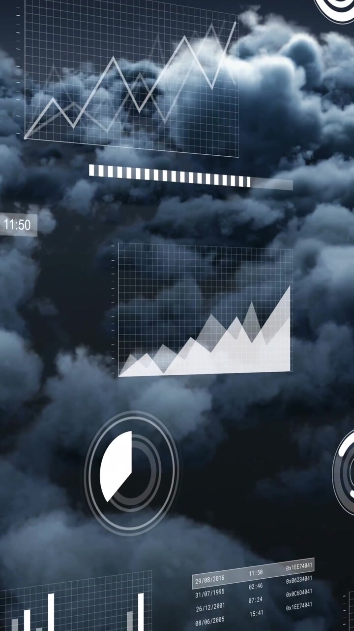 Animation of charts and data processing over grey cloudy sky