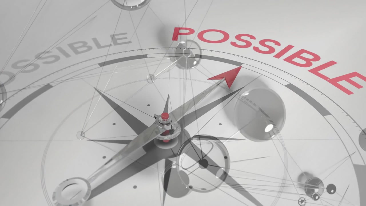 On start 3D compass rotating, spheres drifting and pointer aligning toward possible showing change