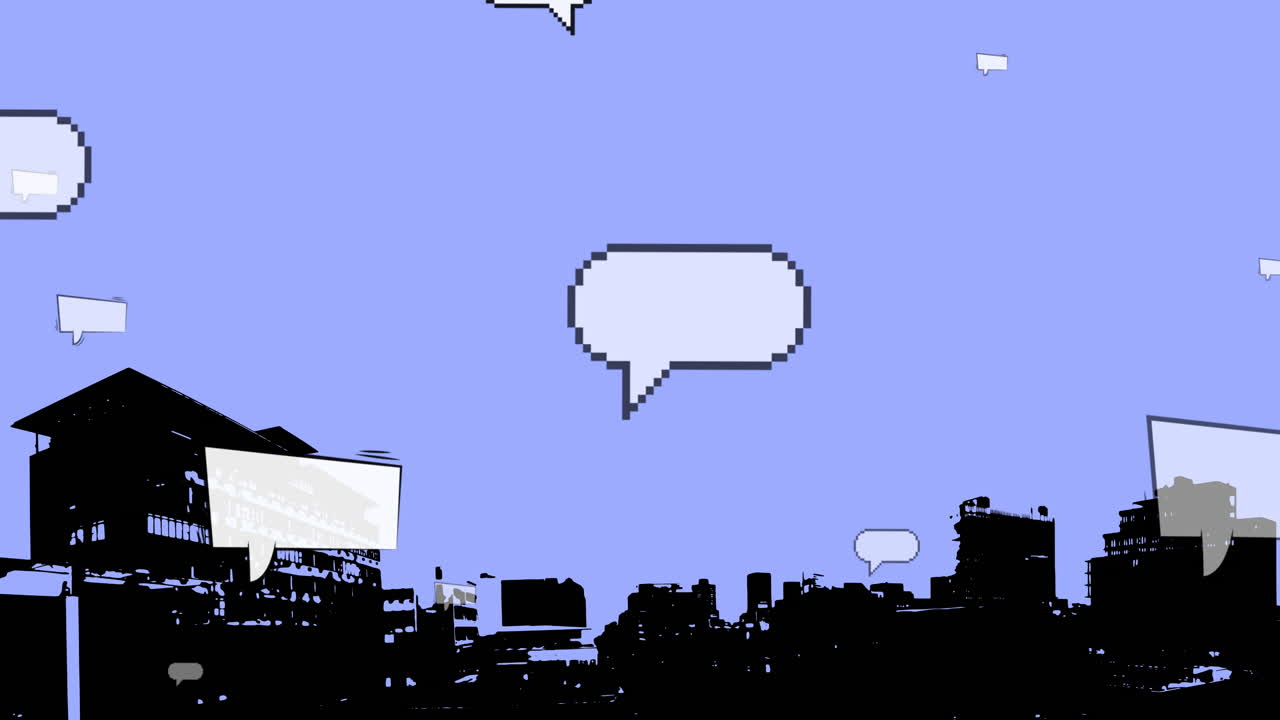 Multiple blank speech bubbles floating over cityscape against blue background with copy space