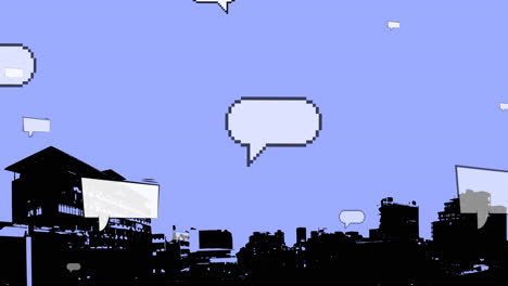 múltiples burbujas de discurso en blanco flotando sobre el paisaje urbano contra un fondo azul con espacio de copia