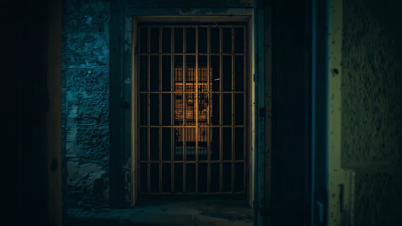 Camera pushing, heavy metal barred gate staying closed in stone frame, highlighting amber backlight