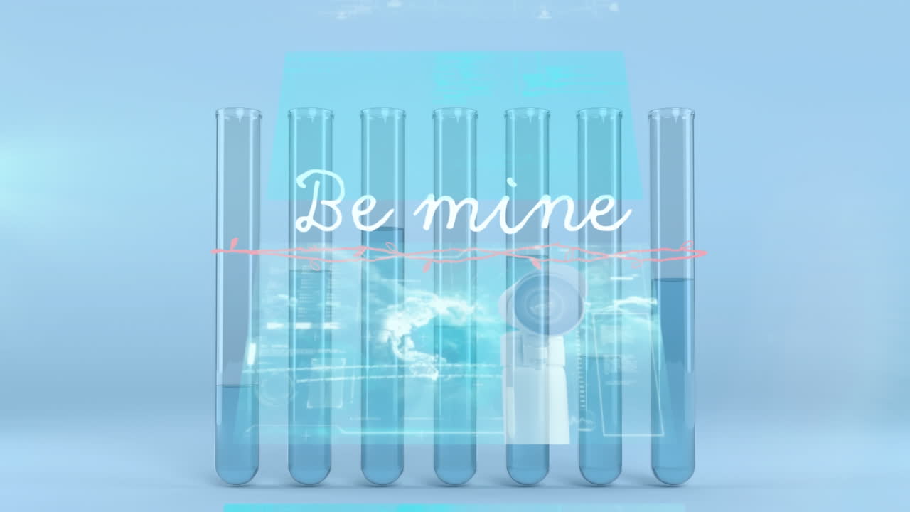 시험 튜브 위의 텍스트 및 데이터 처리의 애니메이션