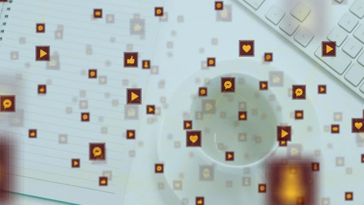 At start icons drifting inward swirling above cup forming vortex showing media flow then scattering