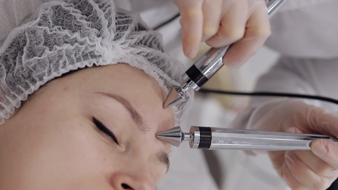 Middleaged woman receiving micro currents facial forehead skin treatment from beautician in salon