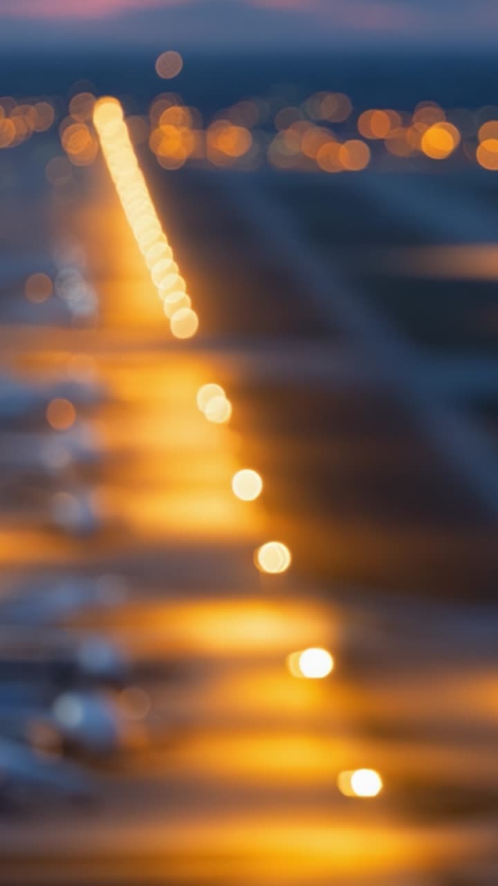 Luftfoto af en oplyst lufthavnslandingsbane i skumringen, der viser et slør af lys og skygger, hvilket skaber en fascinerende atmosfære og følelse af bevægelse