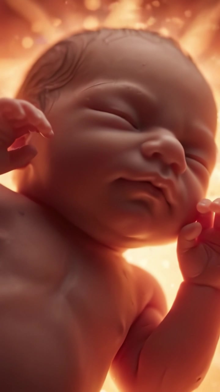 Un neonato sereno immerso in una luce soffusa, che emana pura innocenza e tranquillità in un ambiente caldo ed etereo, circondato da delicati vortici di luce ed energia