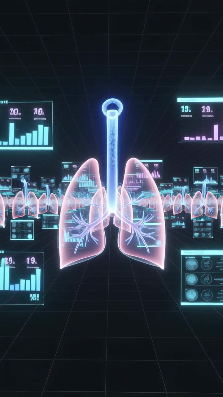 Vertical video: Pulling back cam revealing lungs with trachea and dashboards in grid for analysis