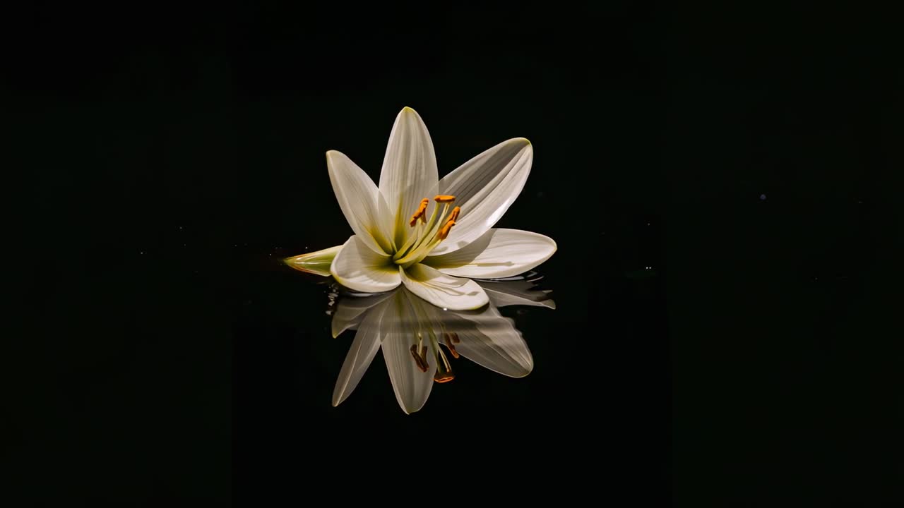 En flytande vit, liljeliknande blomma som lutar efter en liten krusning på mörkt vatten, vilket förändrar spegelreflektionen.