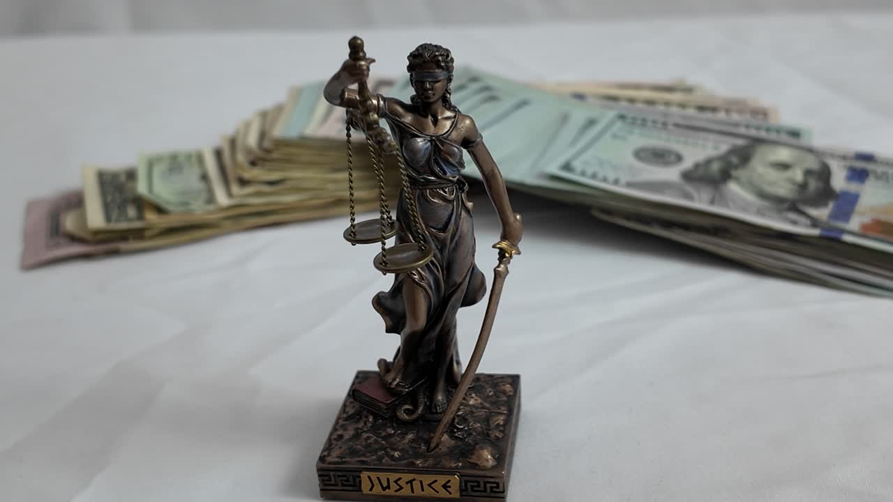 Justitia står bundet af penge, hendes vægtskåle tippet af rigdom, symboliserende et system hvor penge overgår sandhed, og retfærdighed kan købes