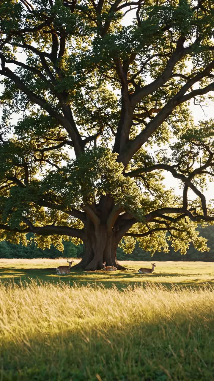 Albero maestoso con cervi che pascolano sotto, ripreso dal basso.