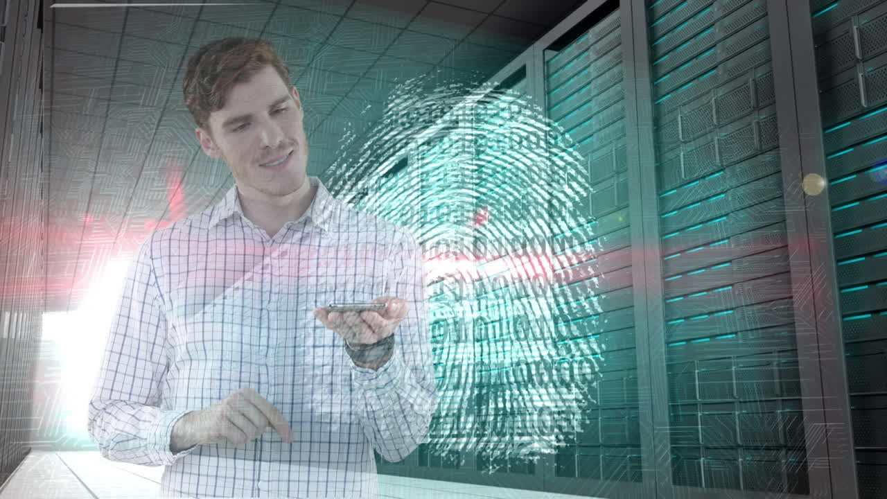 animación de un hombre de negocios a través de codificación binaria, huellas dactilares biométricas y servidores informáticos