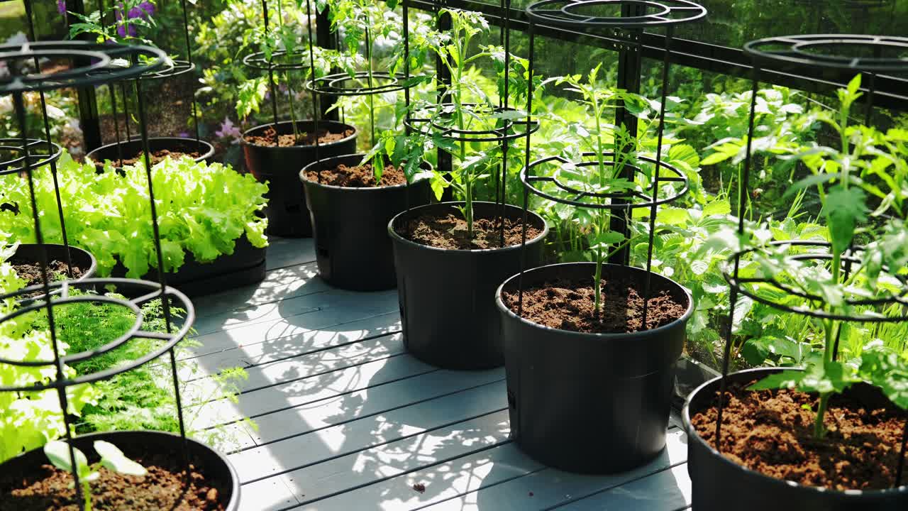 Giovani piante di pomodoro che crescono in vasi all'interno di un giardino serra di vetro illuminato dal sole.