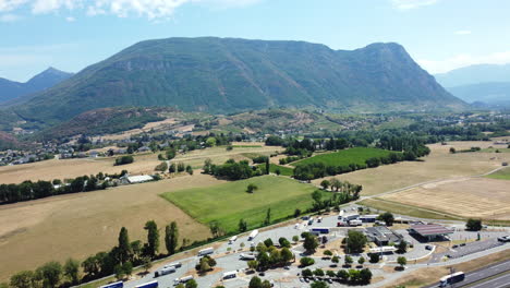 aerial view of mountainous french valley and truck stop