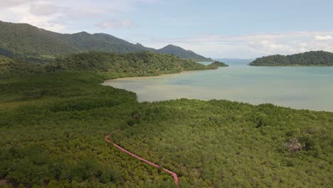 aerial drone, right panning shot of a mangrove forest with ocean and islands