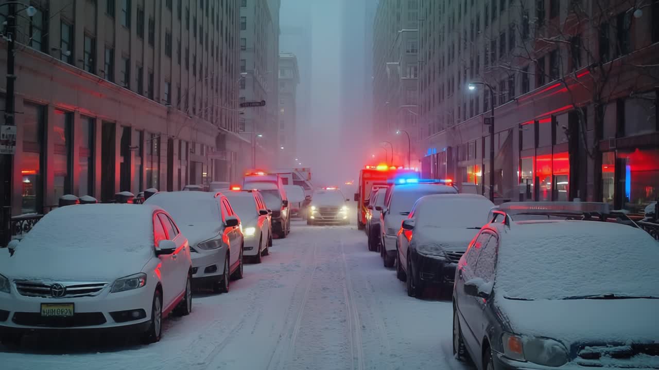 Snowy City Street with Emergency Vehicles