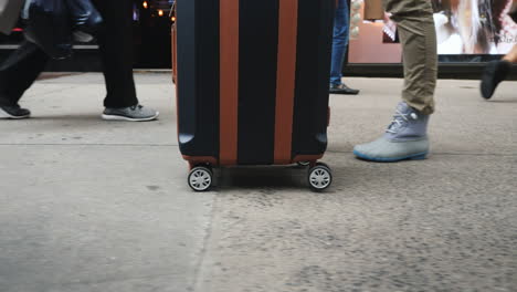 a woman with a travel bag on wheels goes to a pedestrian crossing in a crowd of people only legs are