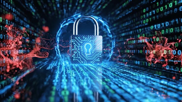 A high-tech padlock featuring intricate circuitry patterns, symbolizing cybersecurity and data protection amidst a digital binary background in a futuristic setting.