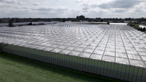 Backwards-aerial-movement-showing-greenhouses-in-meadow-field-with-cumulus-clouds-against-a-blue-sky-reflecting-in-the-glass