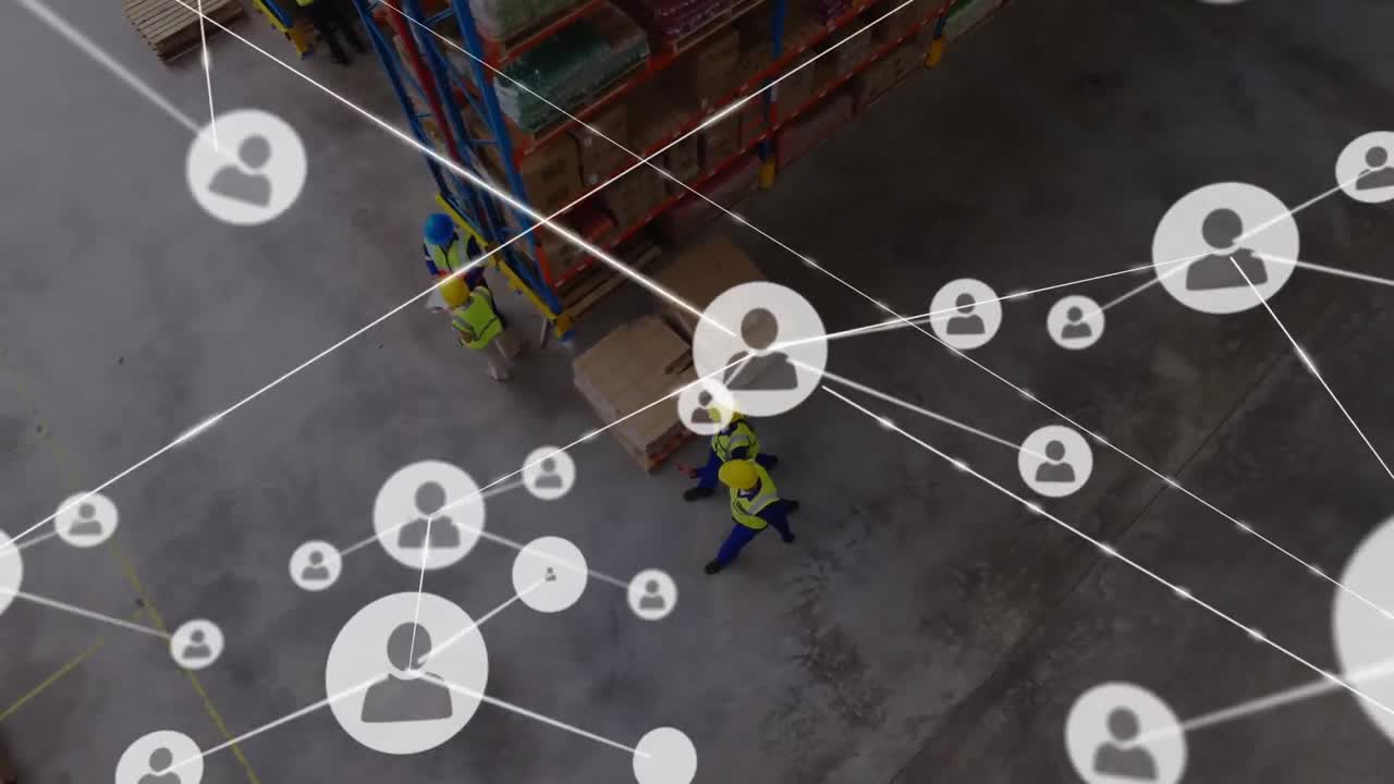 Animazione di una rete di connessioni con icone su uomini che lavorano in un magazzino