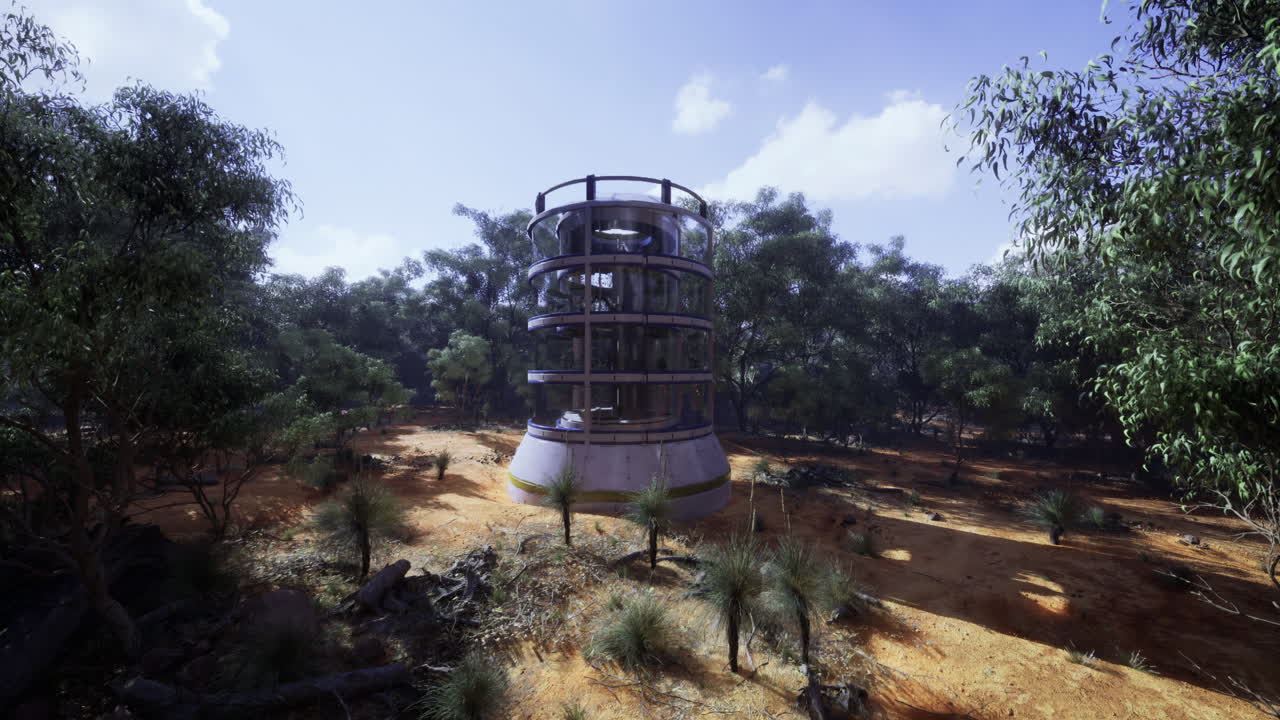 Unique architectural structure amid lush greenery in remote landscape