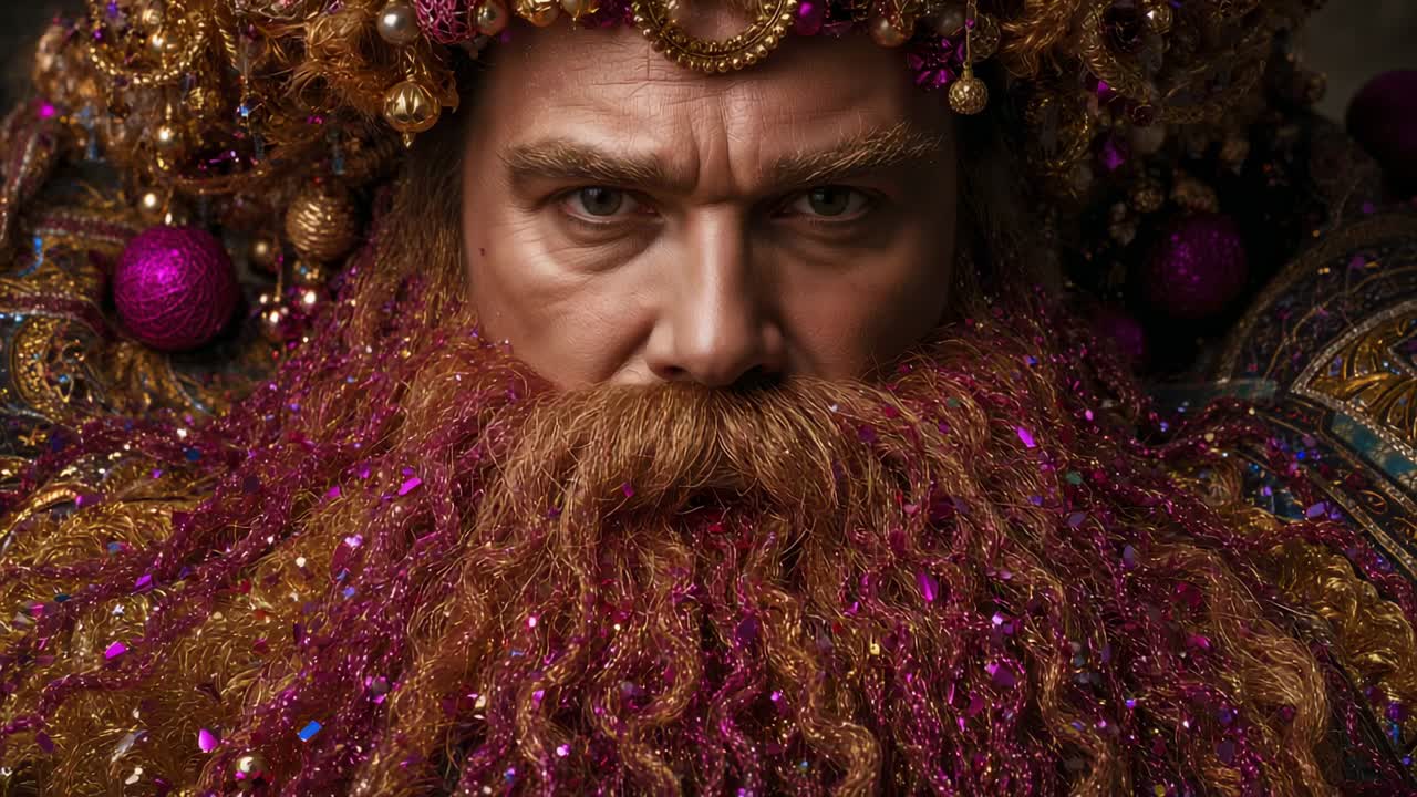 Luci da studio che cambiano, uomo che alza lo sguardo, aggrottando la fronte, mostrando un copricapo dorato e una barba glitterata