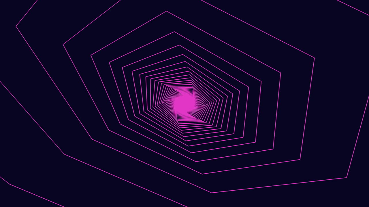 Futuristinen abstrakti tunneli, joka on tehty hehkuvista vaaleanpunaisista monikulmion ääriviivoista tummalla taustalla ja liikkuu kohti kirkasta keskustaa. Ihanteellinen teknologiaan, scifiin, kyberiin ja liikegrafiikkaan.