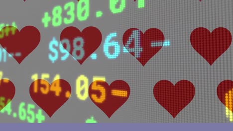 Animation-of-rows-of-red-hearts-with-financial-data-processing