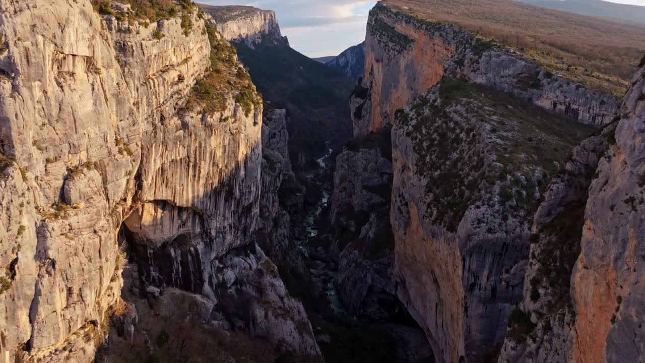 Aerial view of rugged Verdon Gorge landscape in Provence at golden hour