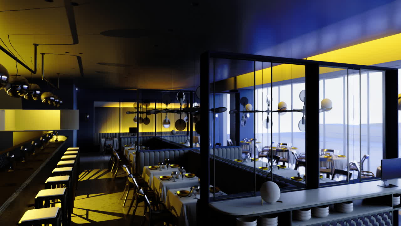 Modern dining area with vibrant lighting and elegant decor