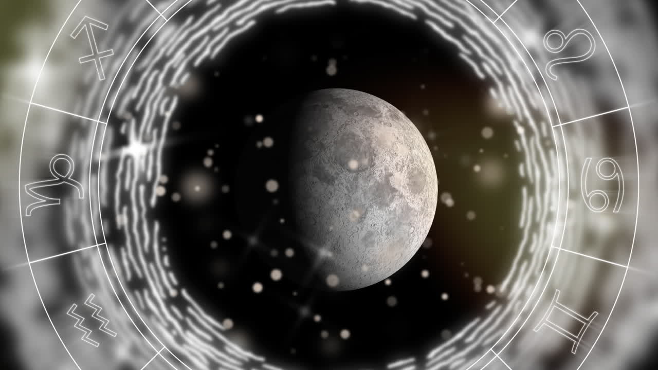 animación de una rueda de signo de estrella giratoria con un globo y manchas de luz parpadeantes sobre un fondo negro