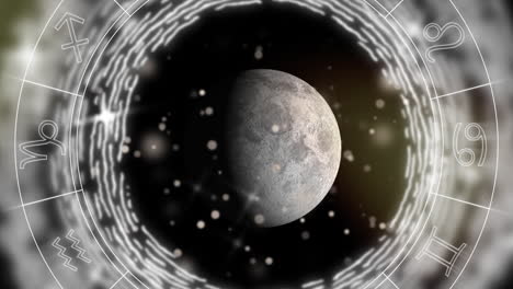 animación de una rueda de signo de estrella giratoria con un globo y manchas de luz parpadeantes sobre un fondo negro