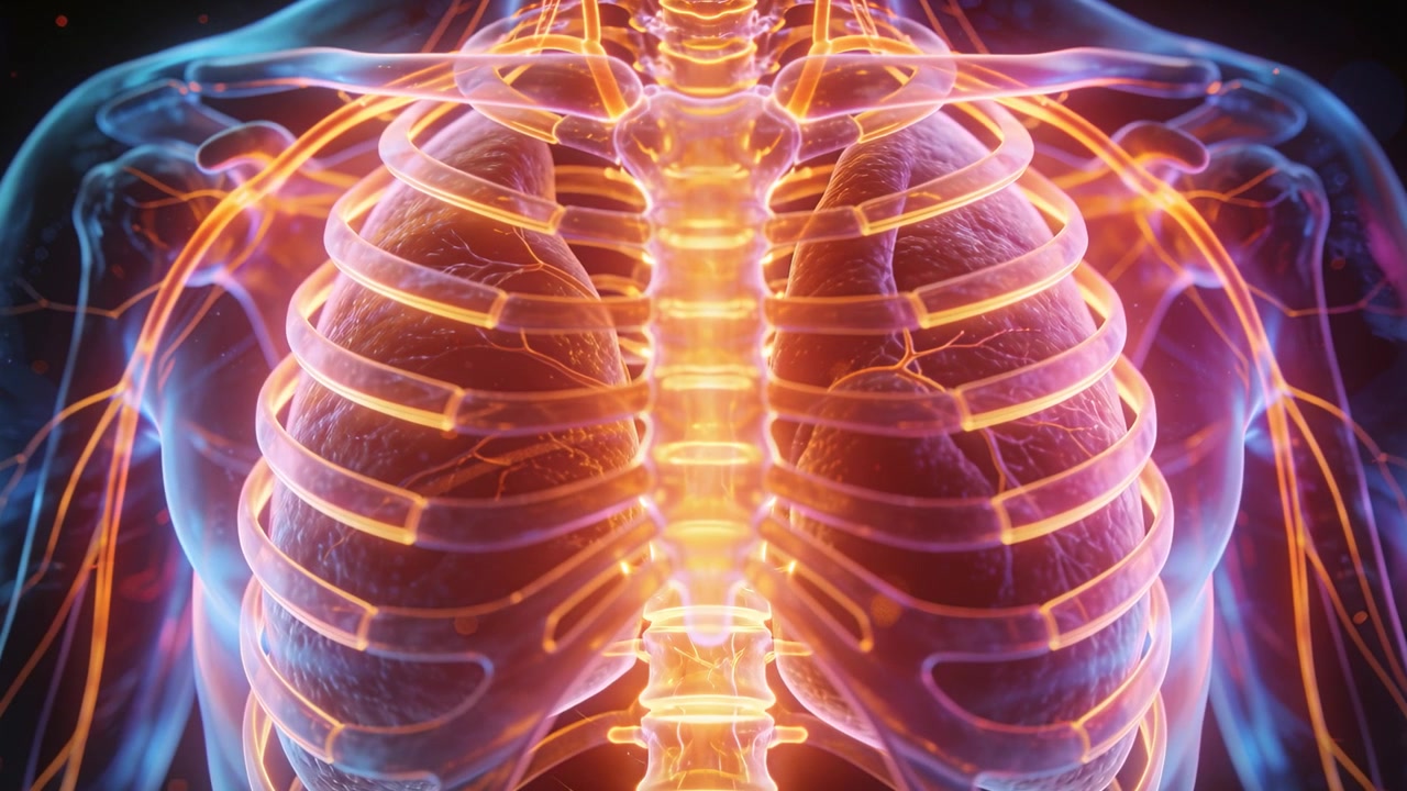 Animazione che mostra un torace 3D con vasi pulsanti che respirano nel buio, delineando costole, colonna vertebrale e polmoni.