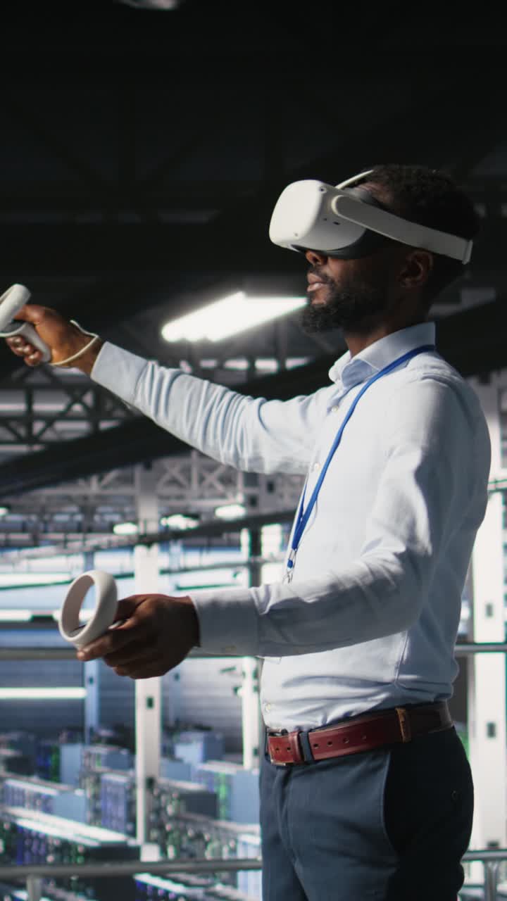 Vertical video Data center admin using VR headset to monitor neural network AI systems