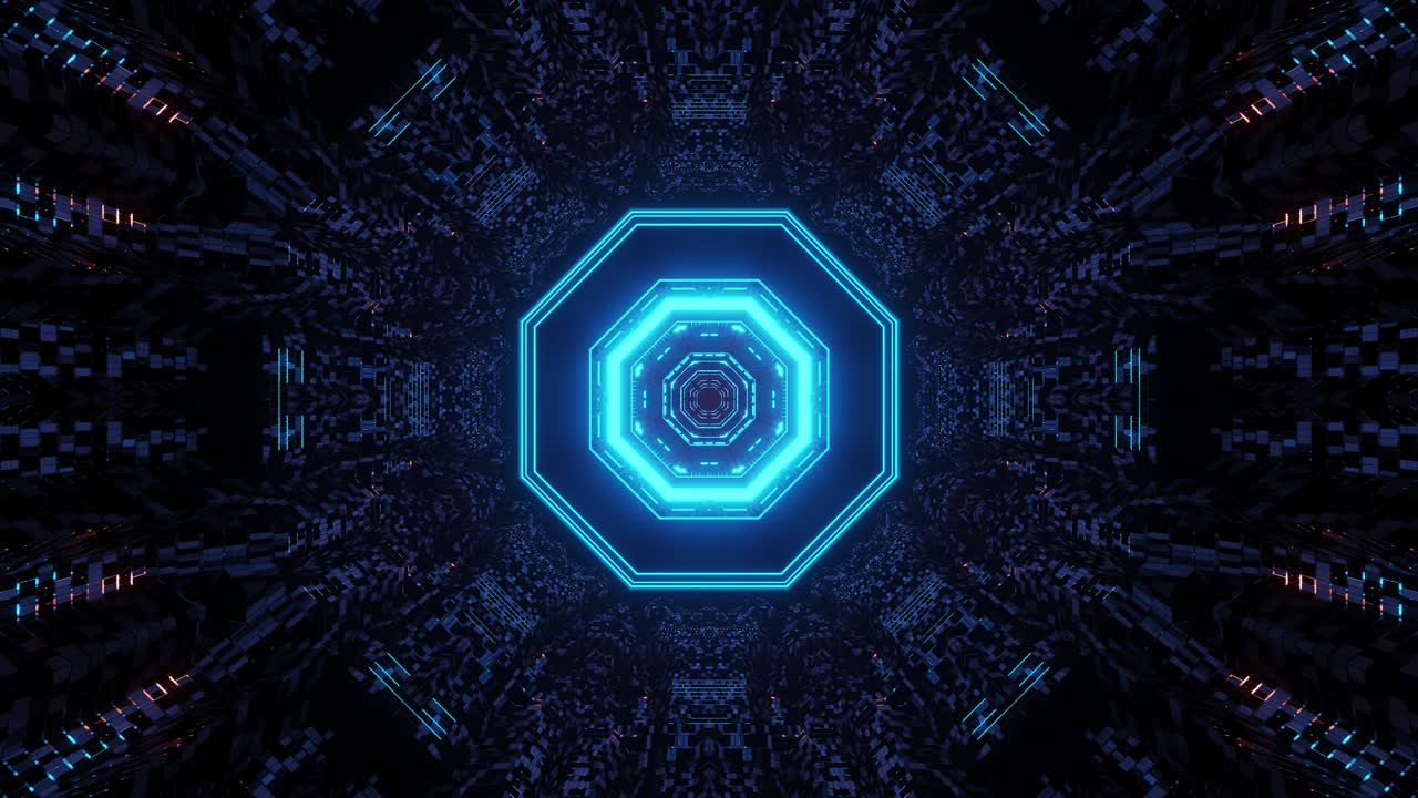 Motion graphics of hollow dark space emitting cyan and blue octagon shapes from center