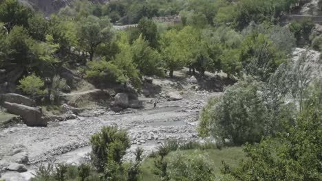 dry river surrounded by green foliage in panshir valley, with child playing