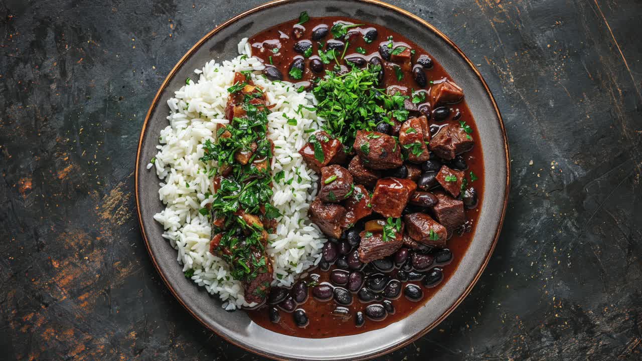 feijoada brasileña: estofado de frijol negro con carne de res y arroz