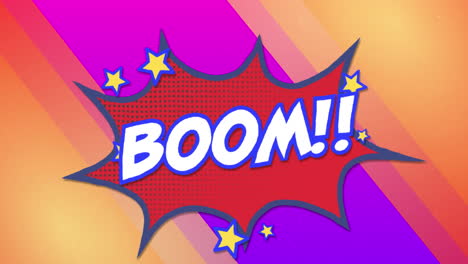 animación de texto de boom con símbolos de exclamación, estrellas en burbuja de habla contra un fondo abstracto.